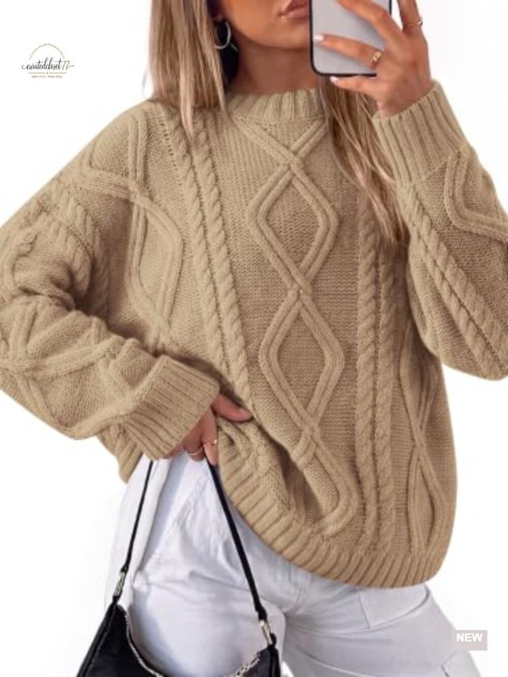 Oversized Cable Knit Sweater Crew Neck Long Sleeve Pullover